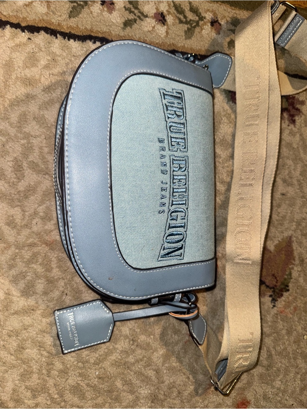True Religion Light Blue Denim & Leather Crossbody with Canvas Strap